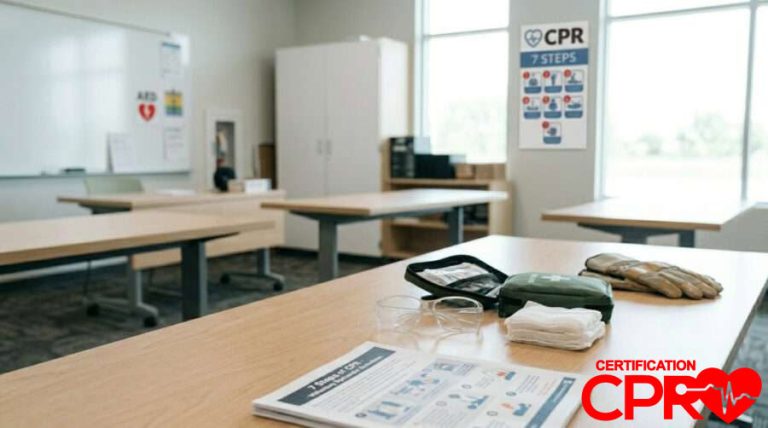 CPR training setup with manikins and instructional materials in Las Vegas.