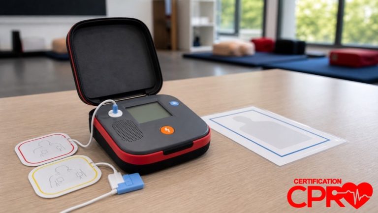 AED trainer and electrode pads for practicing voice prompts in a CPR classroom in Las Vegas.