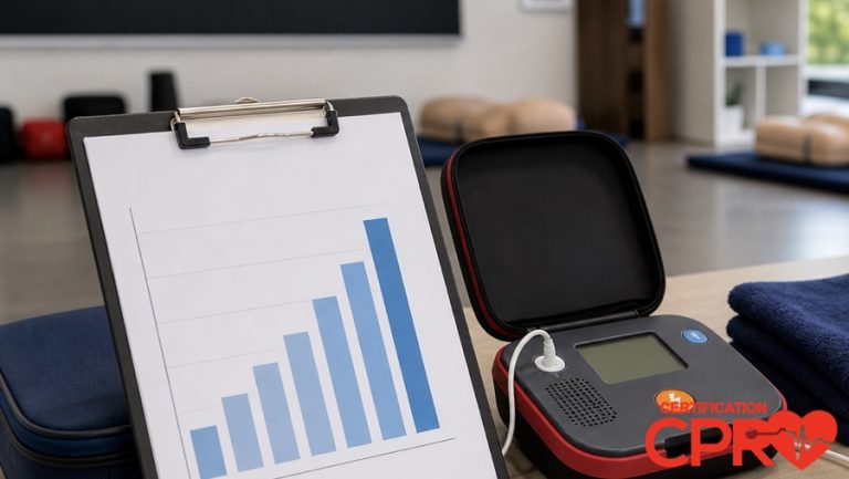 CPR statistics chart with AED trainer in a CPR classroom in Las Vegas.