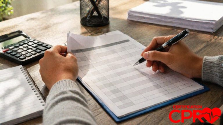 Person filling out a form for CPR certification in Las Vegas, Nevada.