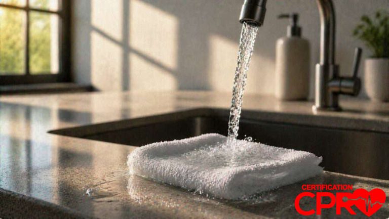 Man washing a sponge in kitchen sink for CPR training demonstration.