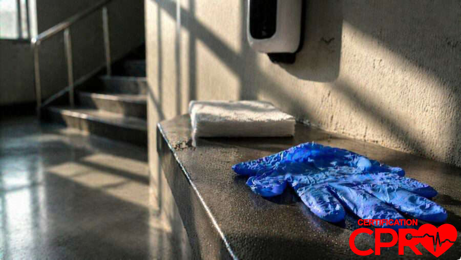 CPR training gloves and mask on a training station in Las Vegas.