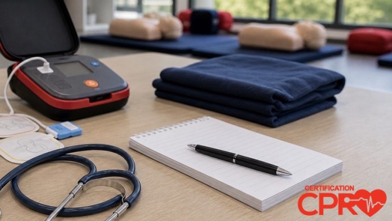 AED trainer, stethoscope, and CPR classroom supplies for an article on heart attack versus cardiac arrest in Las Vegas.