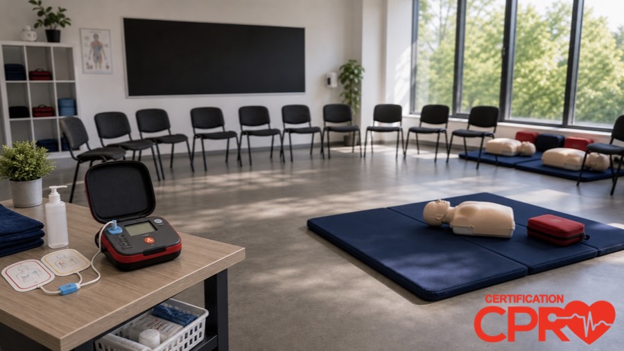 CPR classroom setup for practicing emergency response skills in Las Vegas.
