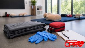 First aid training supplies for practicing seizure response in a CPR classroom in Las Vegas.