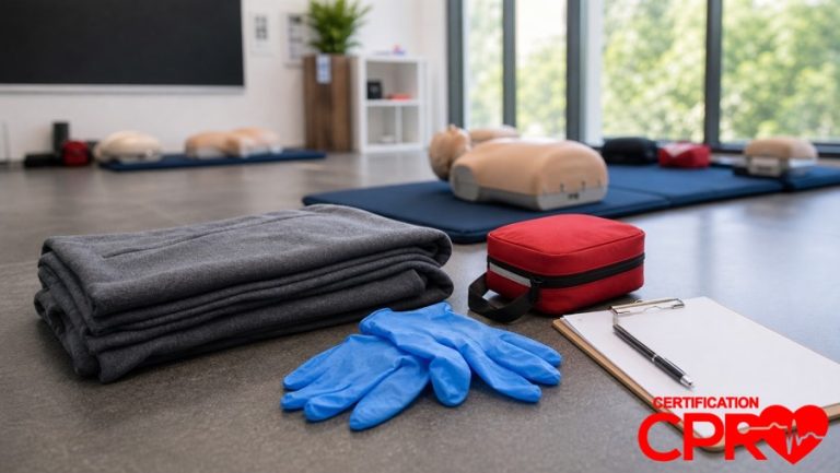 First aid training supplies for practicing seizure response in a CPR classroom in Las Vegas.