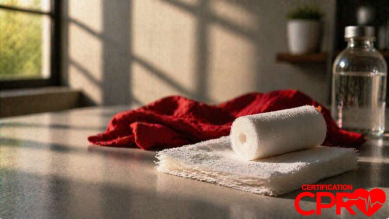 CPR certification training supplies in Las Vegas, including a roll of gauze and first aid essentials.